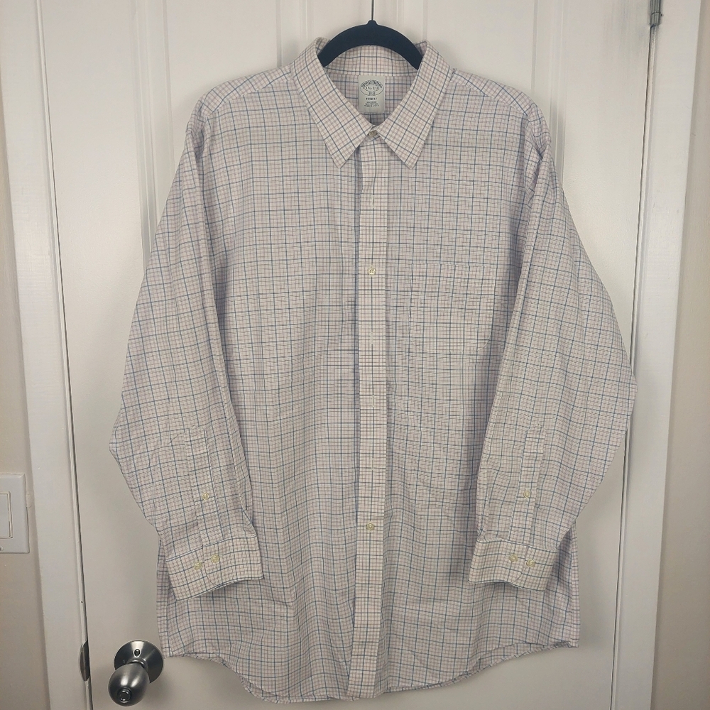Brooks Brothers Non-Iron Cotton Dress Shirt, Men's 17 1/2 White Blue Pink Check